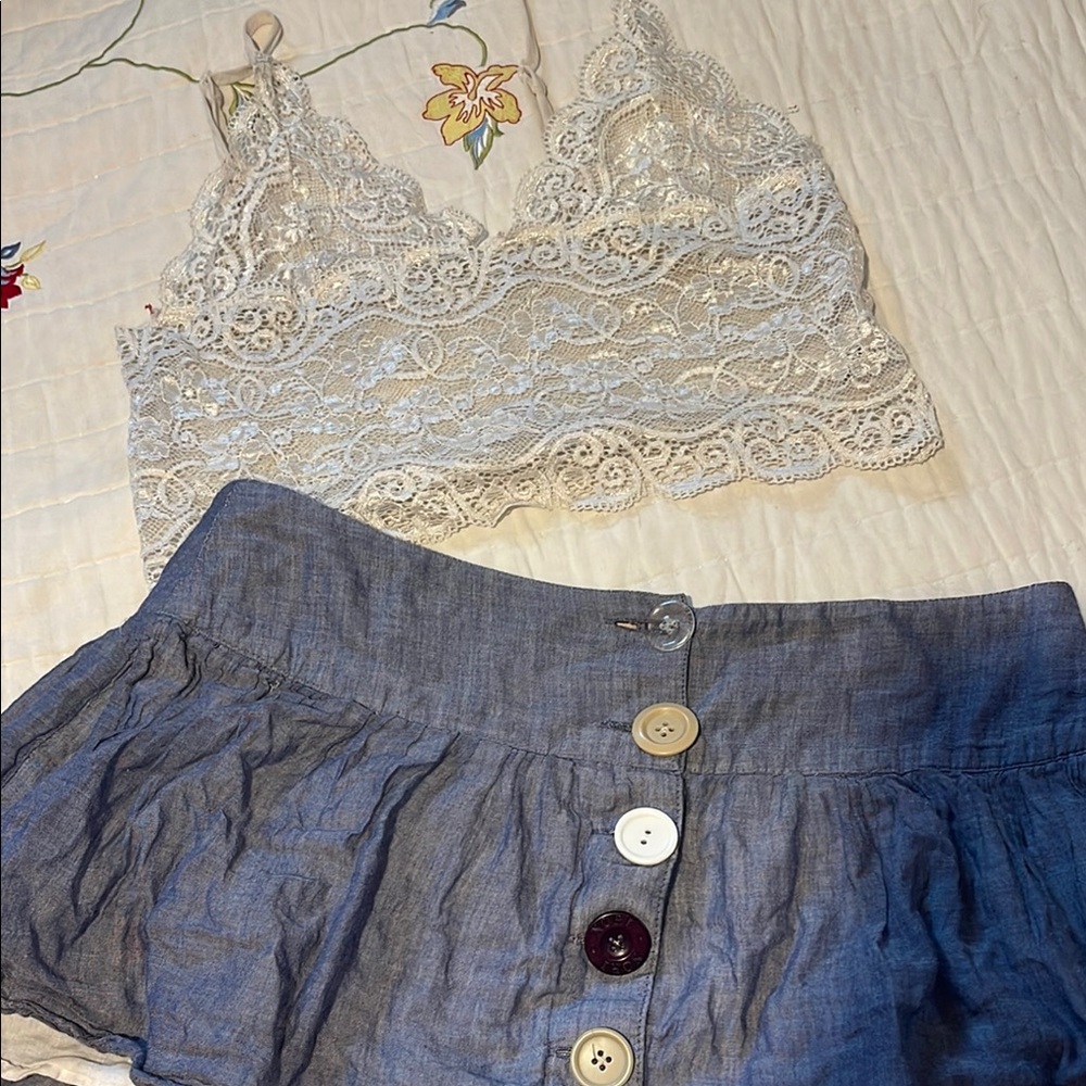 Lace Bralette and Button Skirt Set
